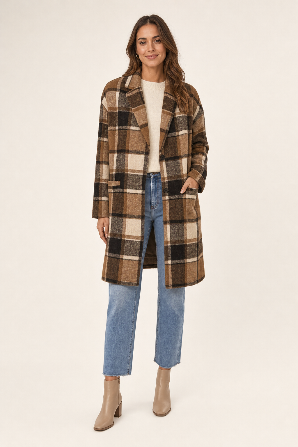 relaxed checked longline coat, brown - front view