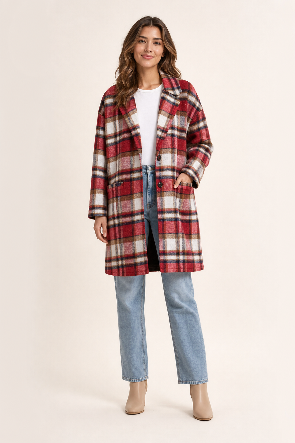relaxed checked longline coat, red - front view