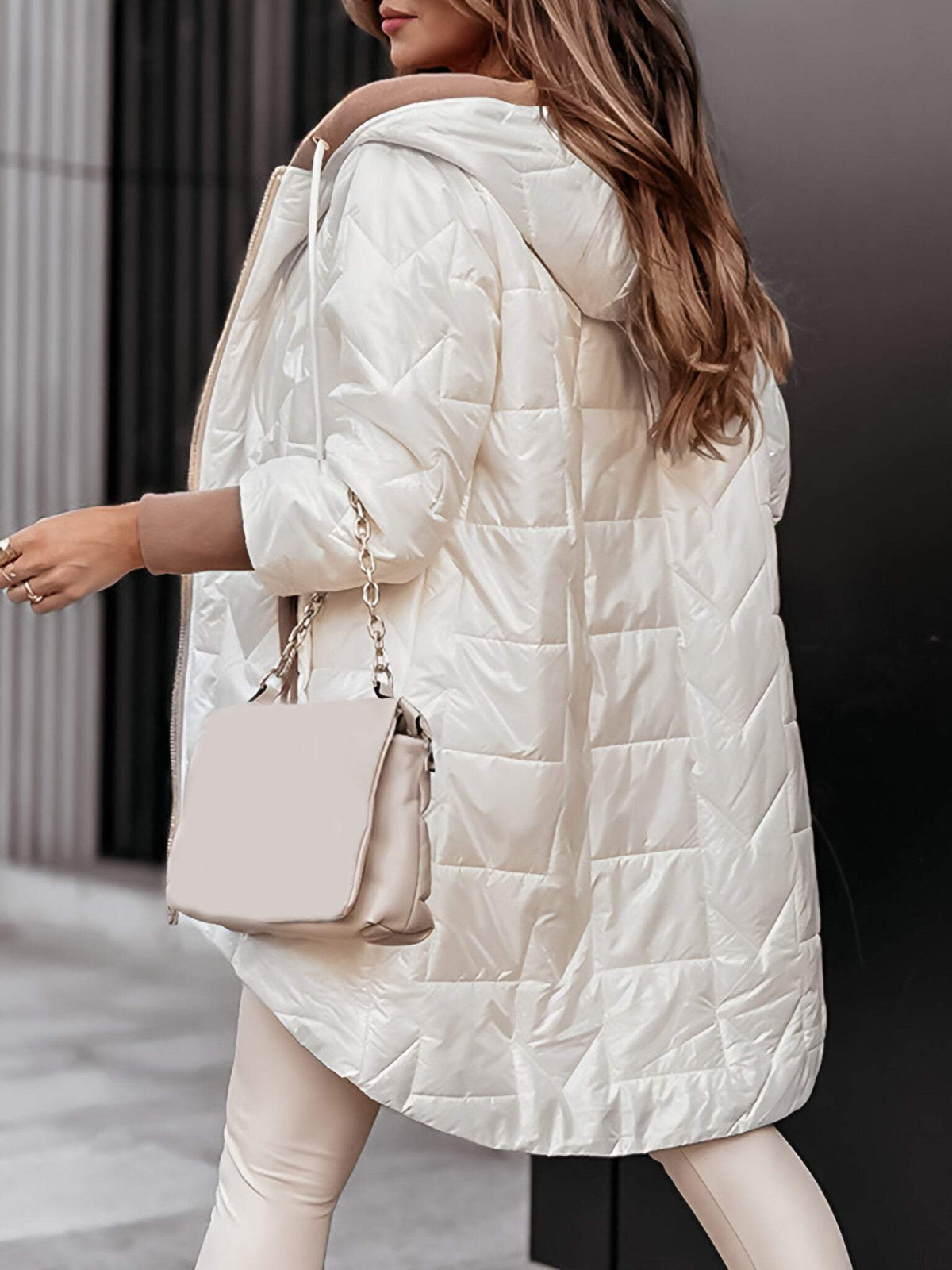 quilted hooded coat with contrast trim, white - worn view