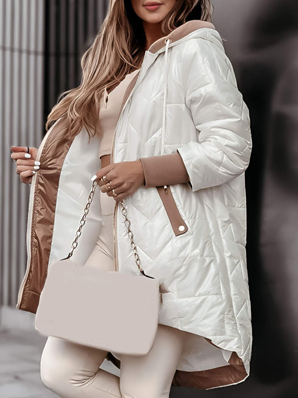 quilted hooded coat with contrast trim, white - worn view
