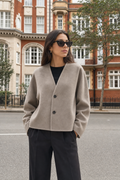 boxy collarless jacket, taupe - front view