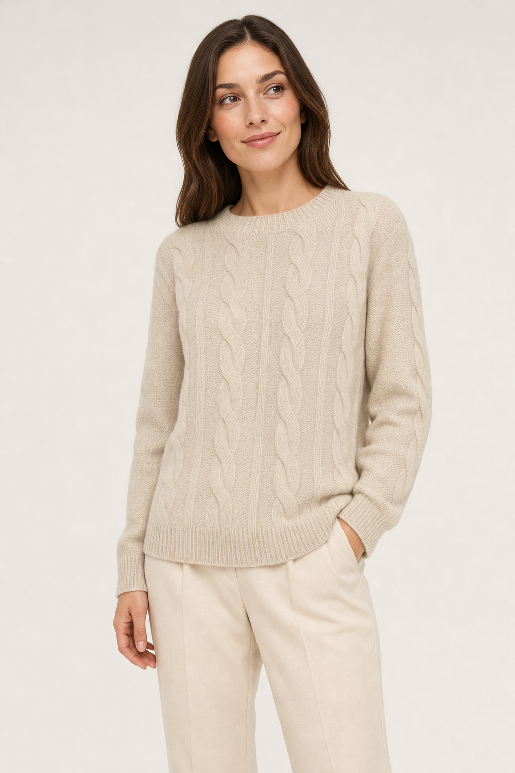 relaxed cable knit jumper, beige - front view