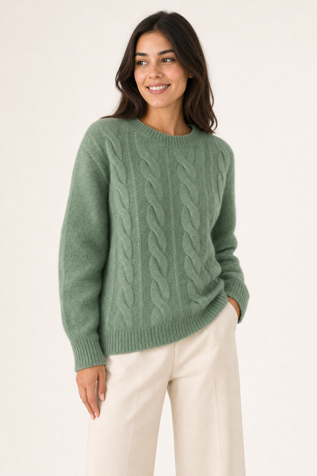 relaxed cable knit jumper, green - front view