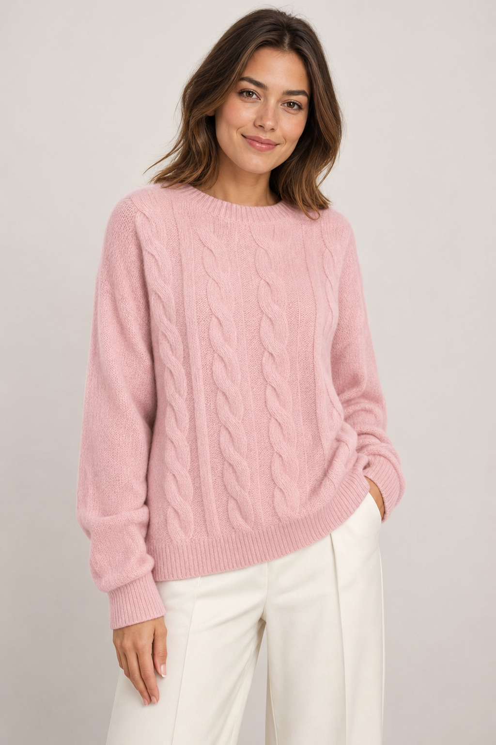 relaxed cable knit jumper, light pink - front view