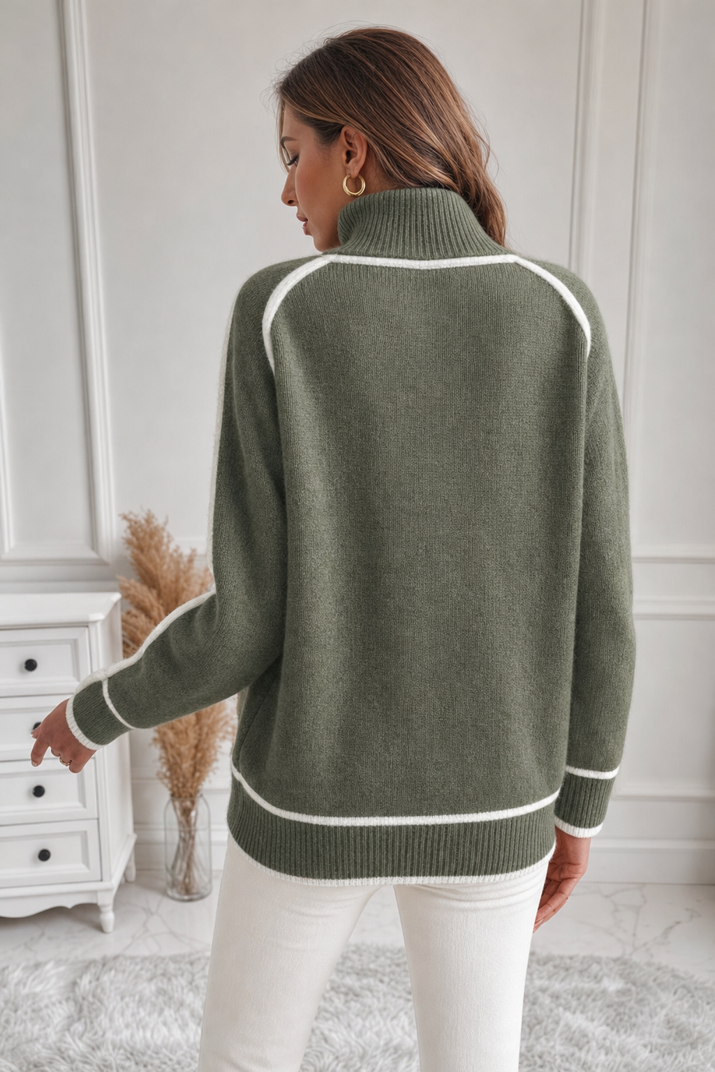 contrast-piped roll neck jumper, olive - worn, full-length view
