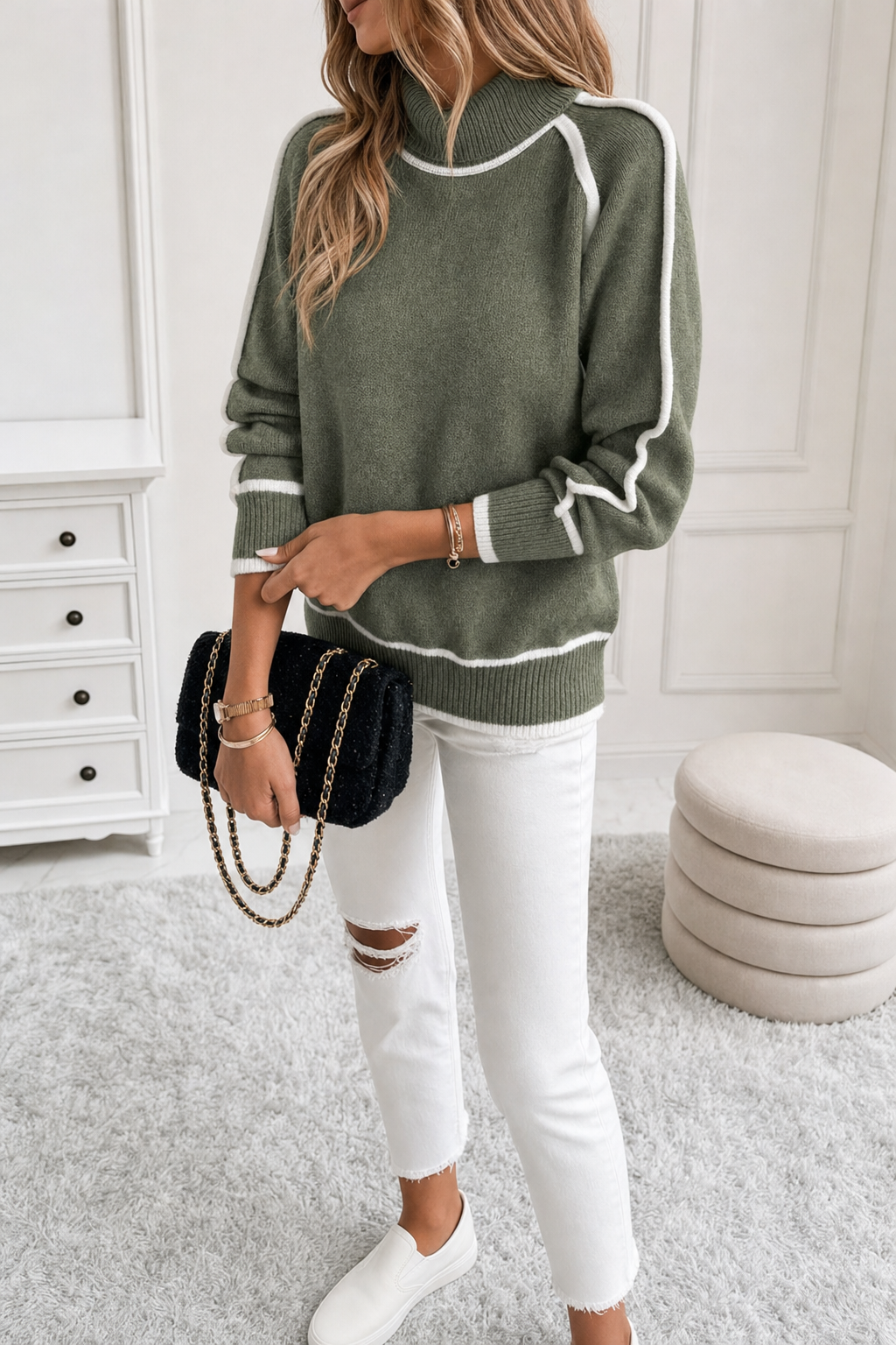 contrast-piped roll neck jumper, olive - front view