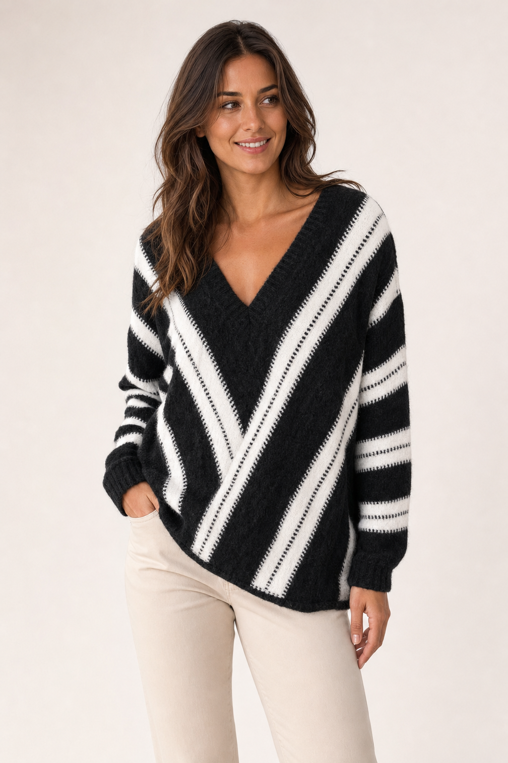 chevron stripe v-neck jumper, black - front view
