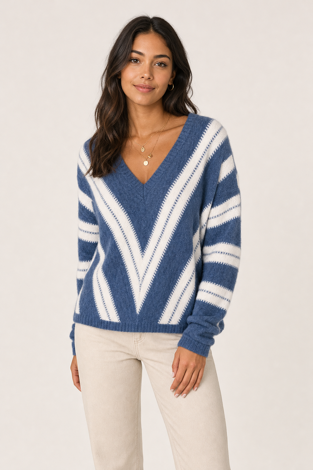 chevron stripe v-neck jumper, blue - front view