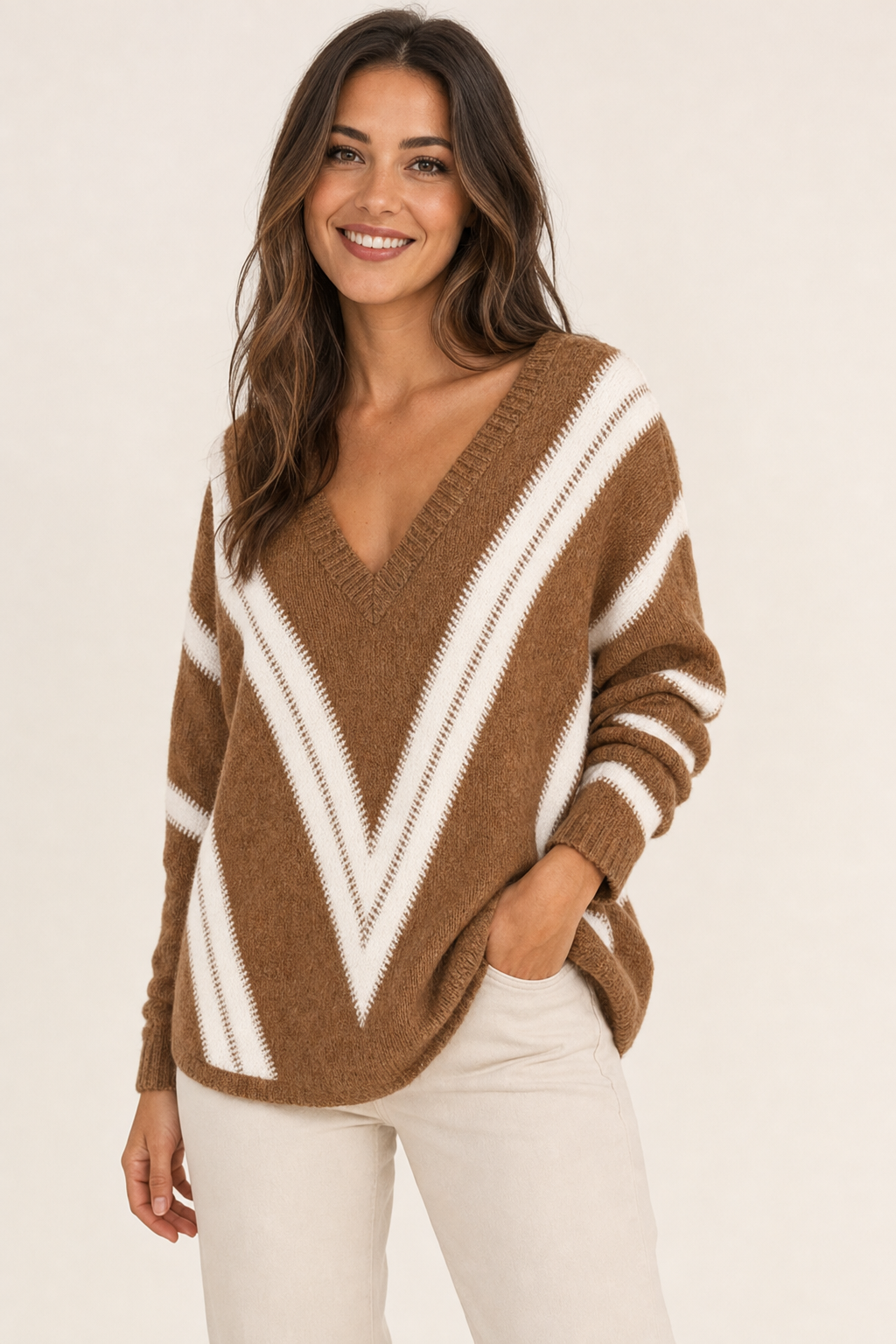 chevron stripe v-neck jumper, camel - front view