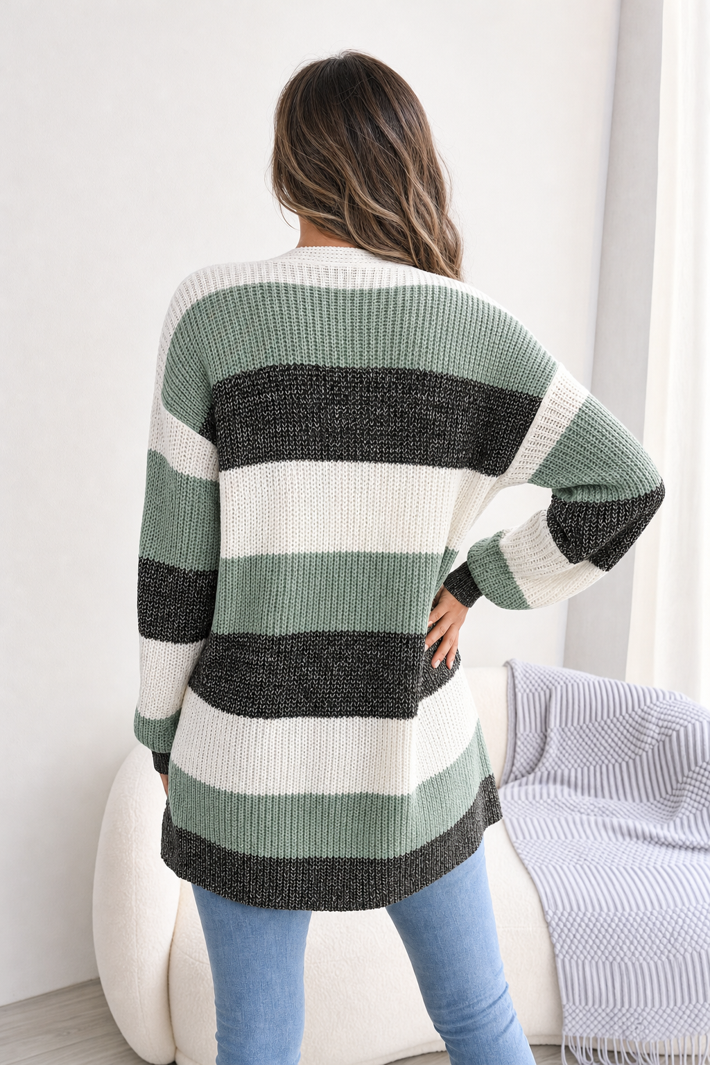 wide stripe open cardigan, sage green - worn, full-length view