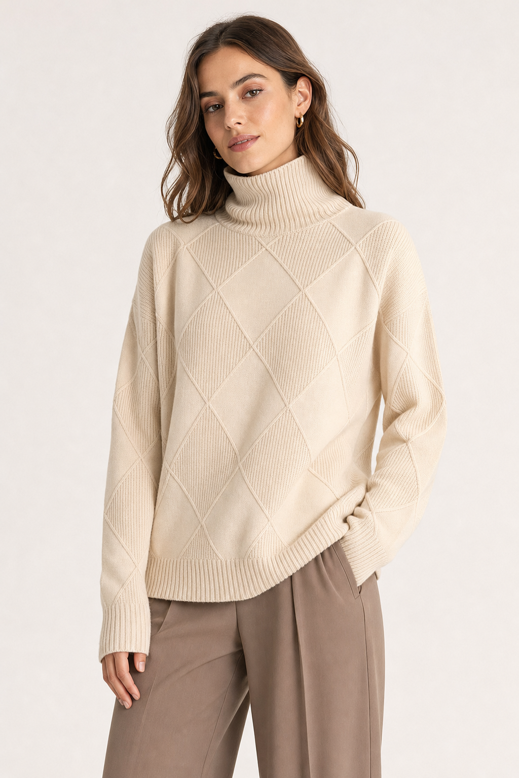 diamond texture roll neck jumper, cream - front view