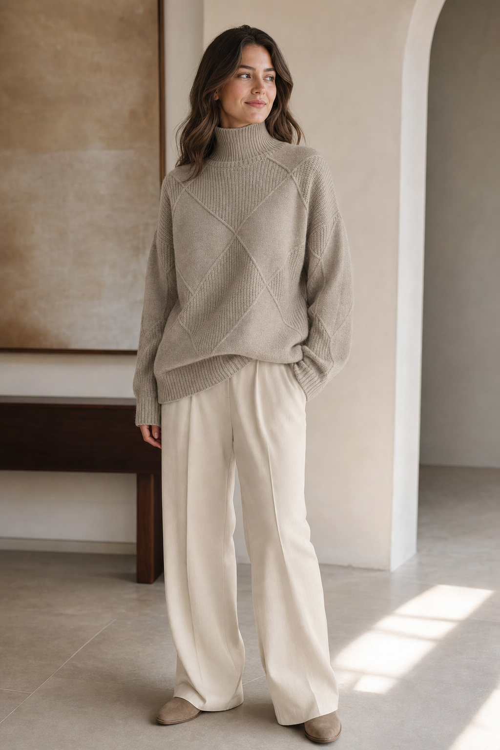 diamond texture roll neck jumper, taupe - worn, full-length view