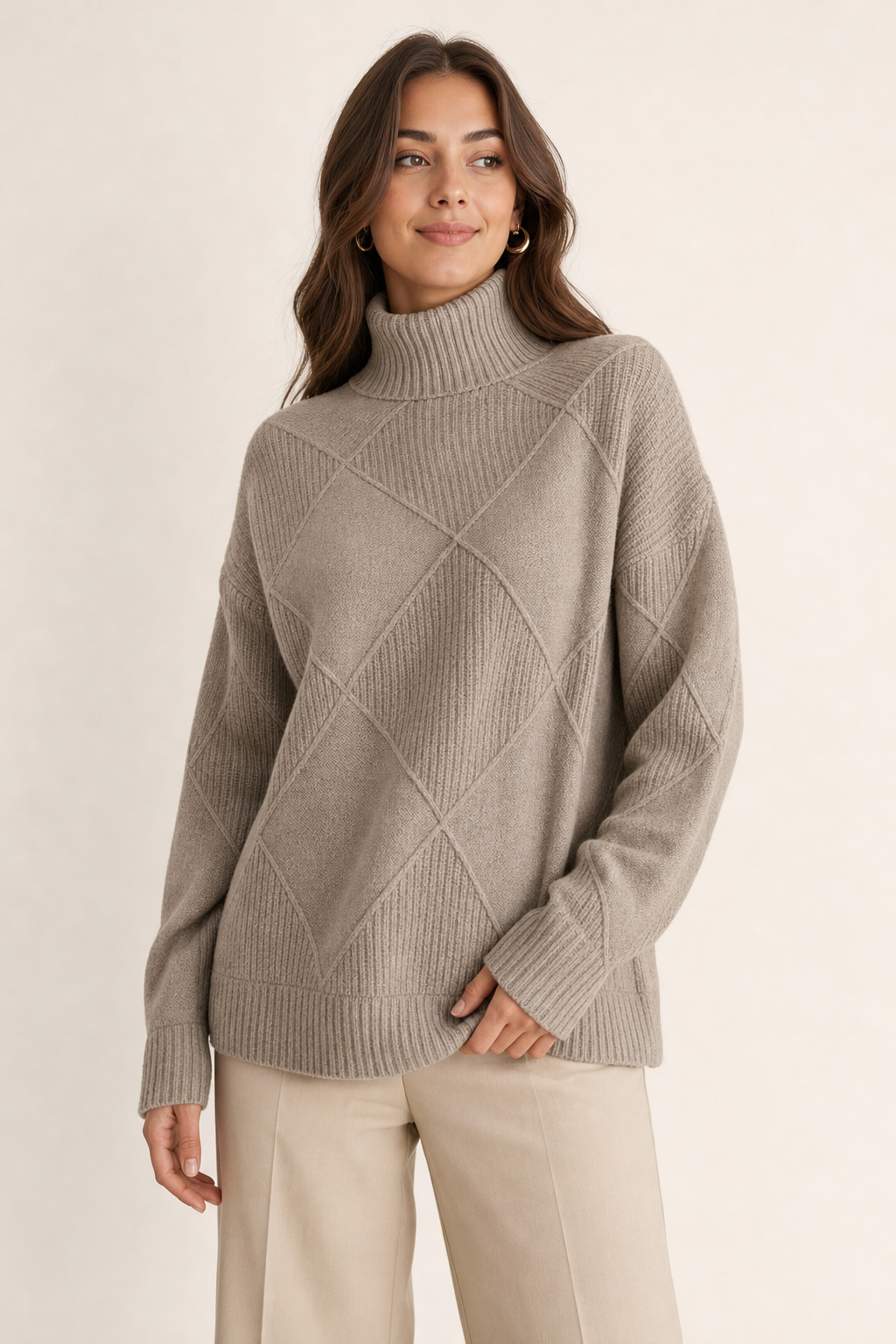 diamond texture roll neck jumper, taupe - front view
