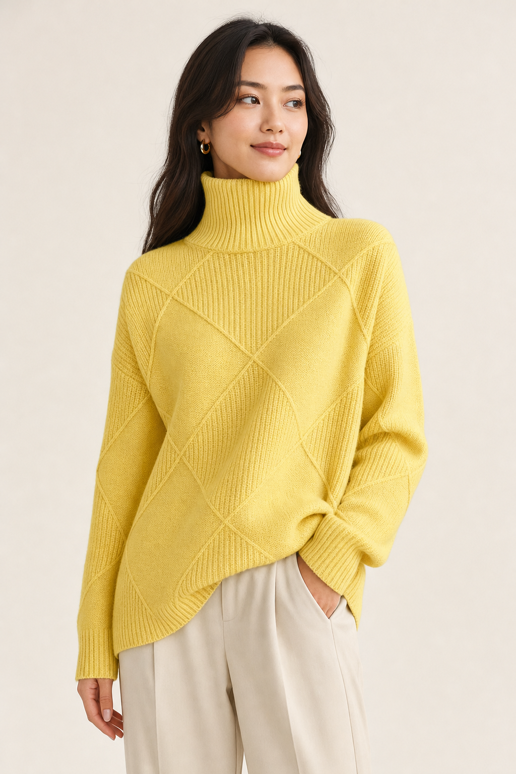 diamond texture roll neck jumper, yellow - front view