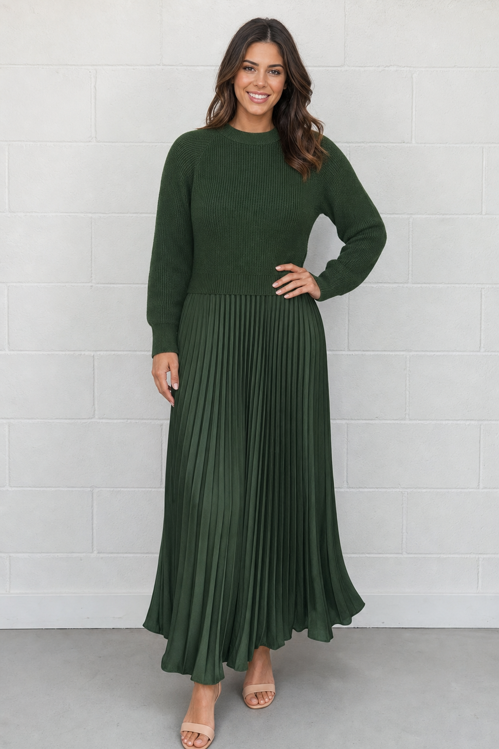 cropped jumper and pleated skirt set, green - front view