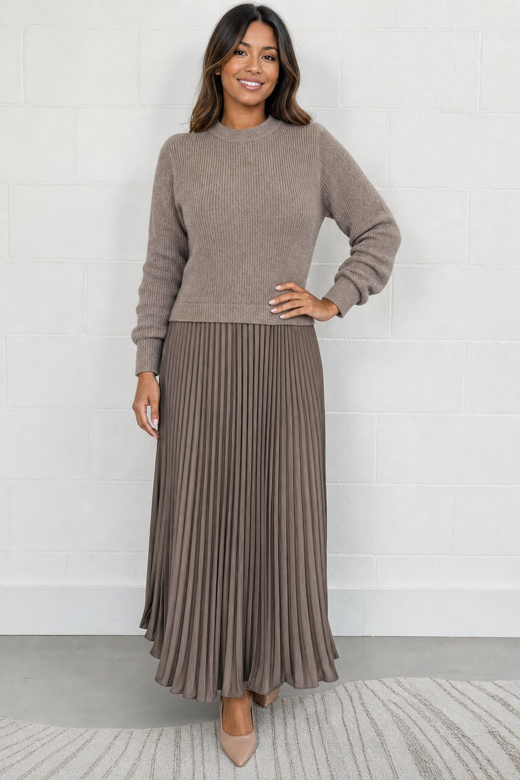 cropped jumper and pleated skirt set, taupe - front view