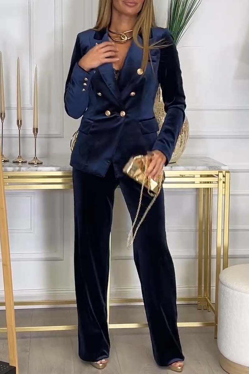 double-breasted blazer and wide-leg trouser set, navy - worn view