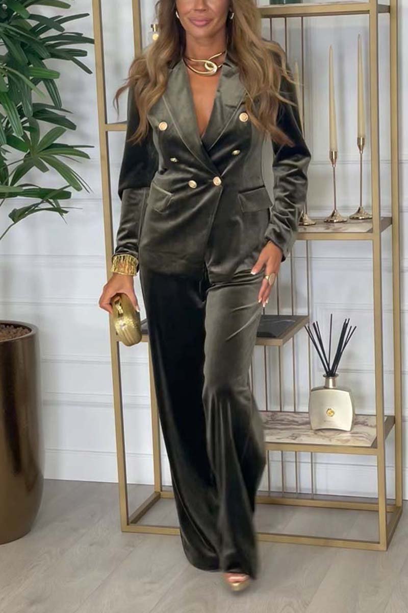 double-breasted blazer and wide-leg trouser set, olive - worn view