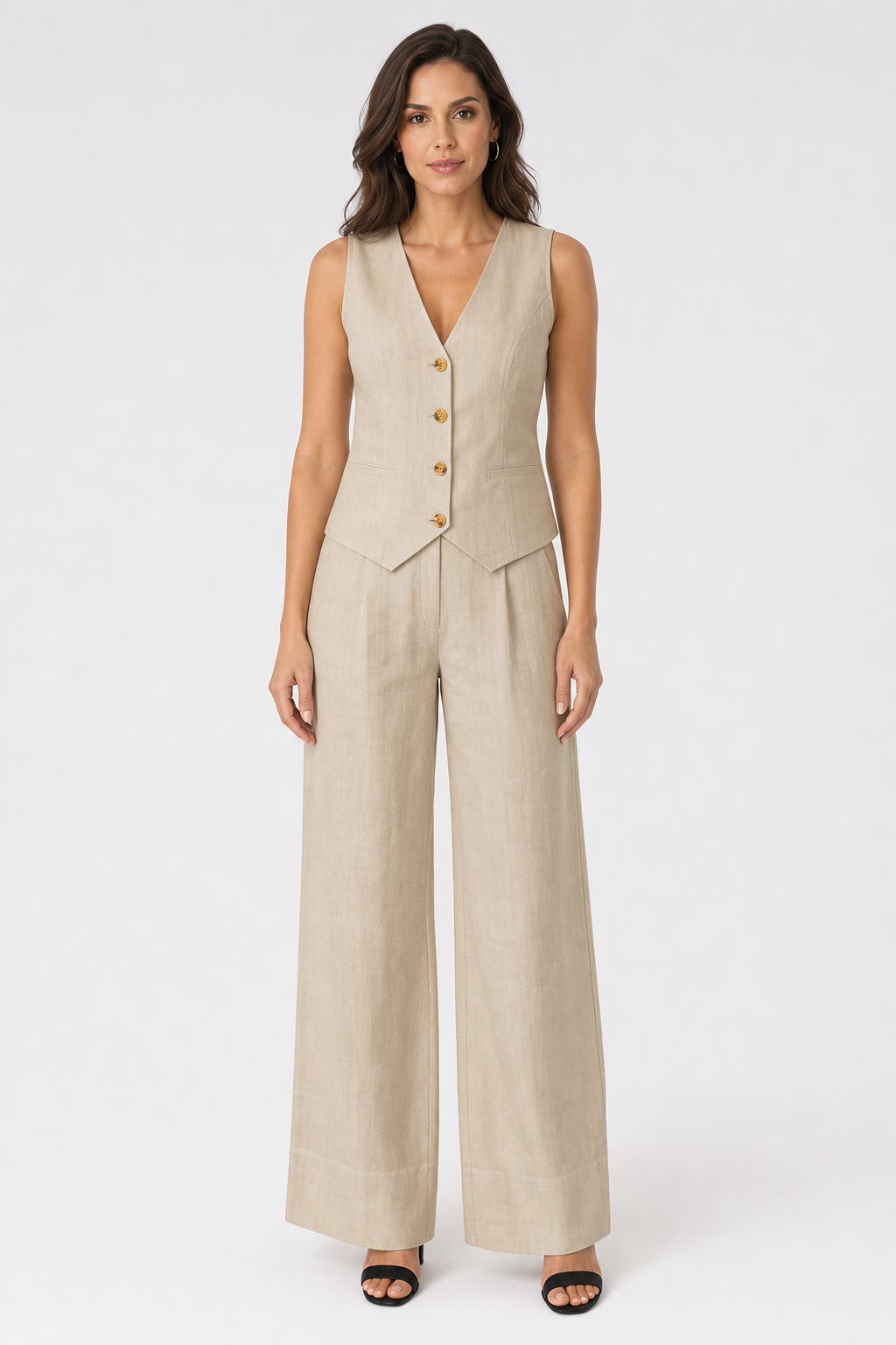 tailored waistcoat and wide-leg trouser set, beige - front view