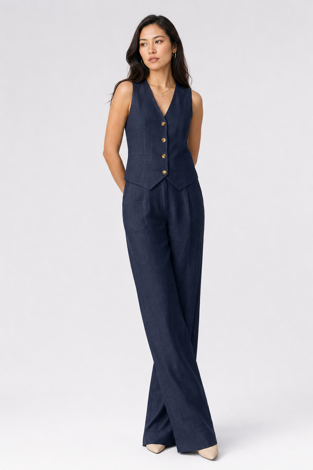 tailored waistcoat and wide-leg trouser set, navy - worn, full-length view