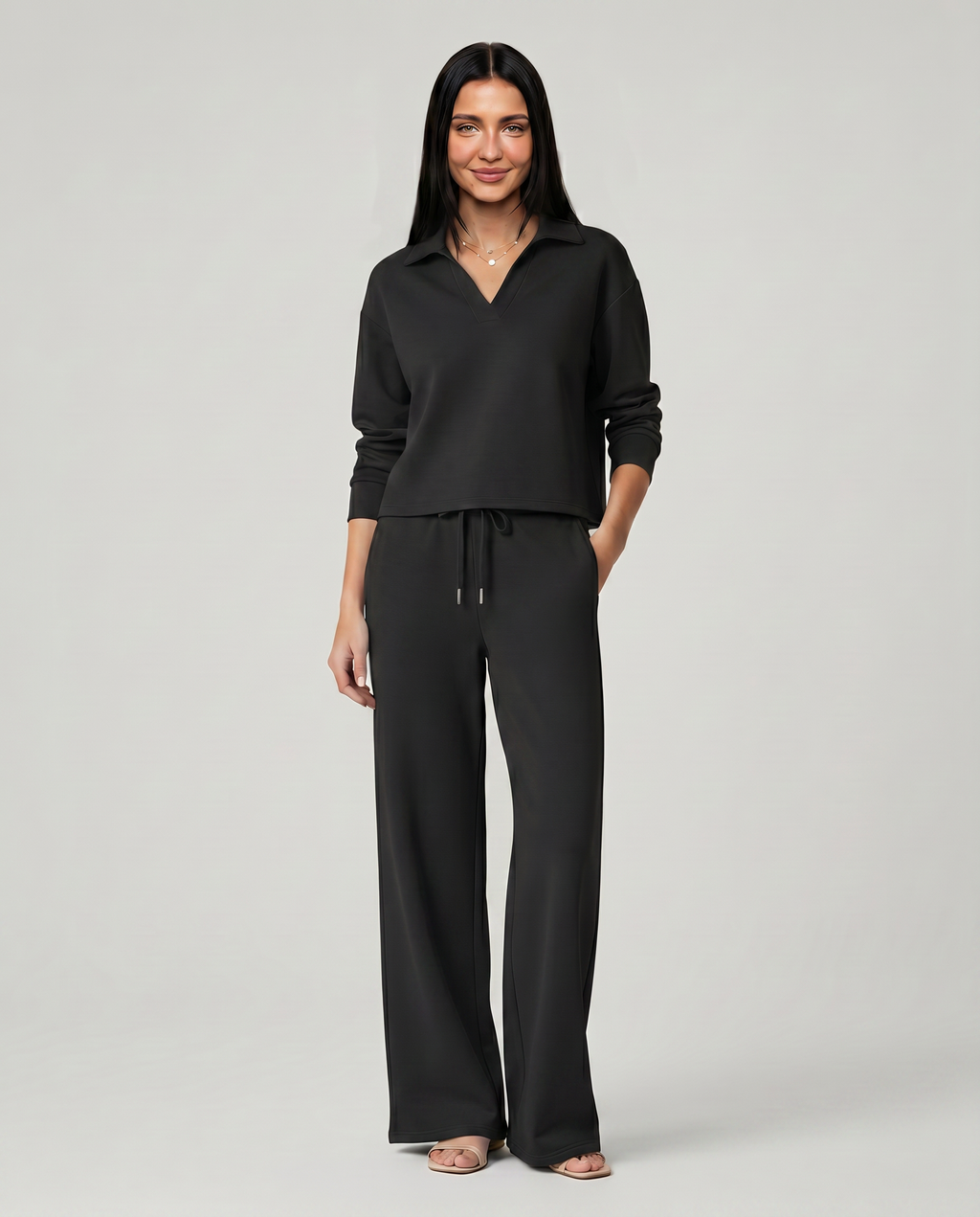 collared top and wide-leg drawstring trouser set, black - worn view