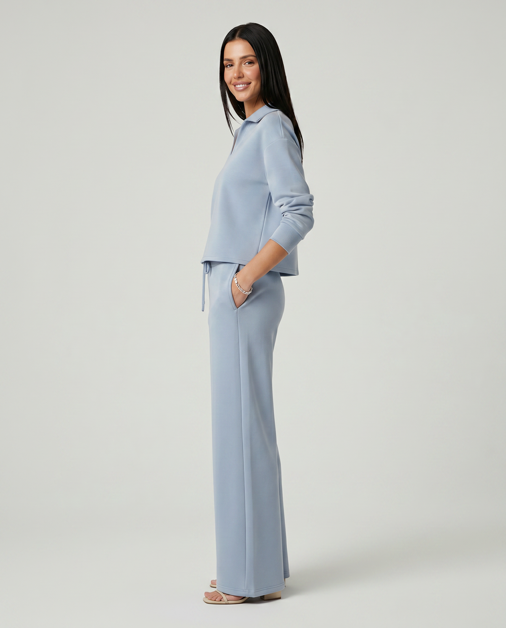 collared top and wide-leg drawstring trouser set, light blue - worn view
