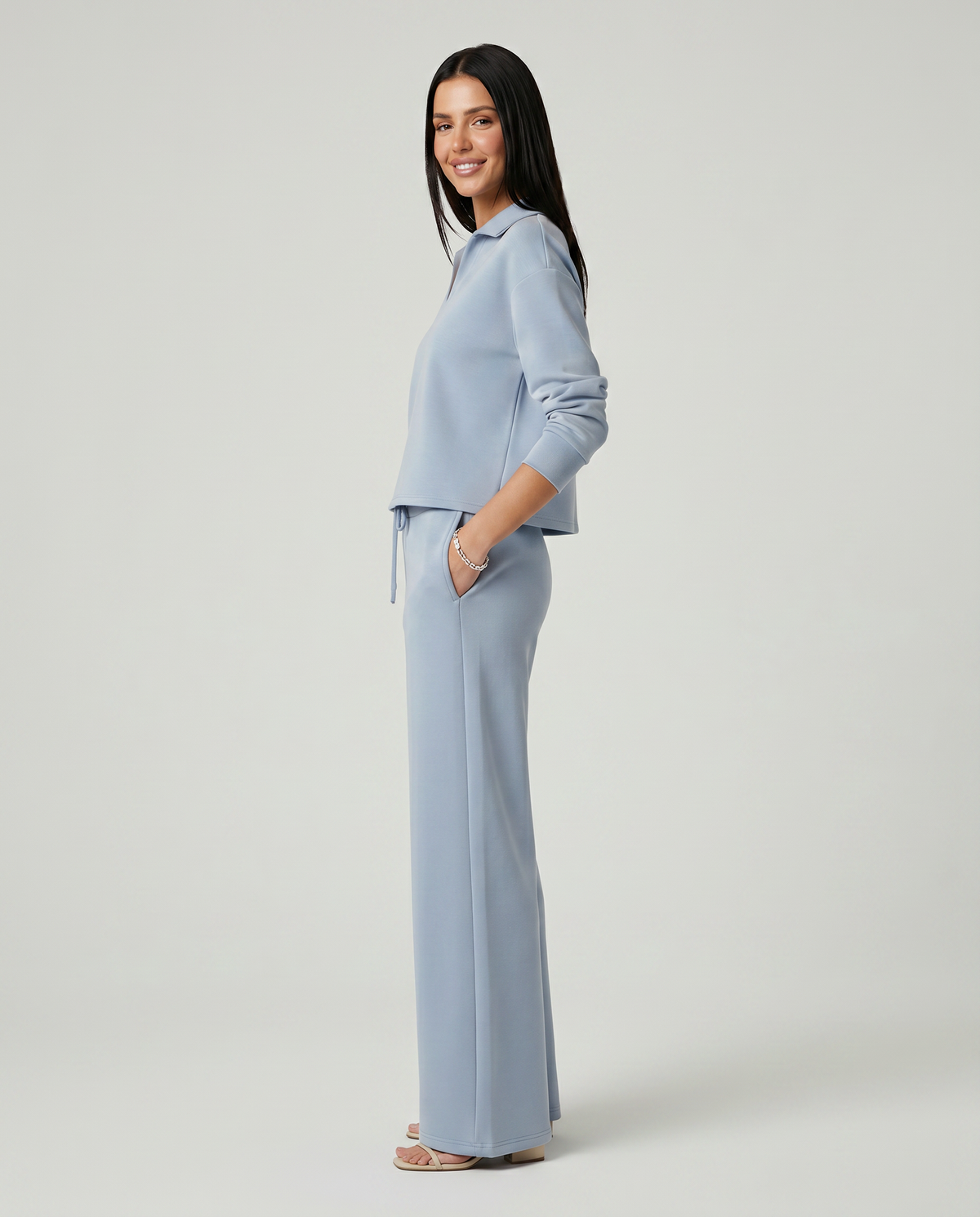 collared top and wide-leg drawstring trouser set, light blue - worn view
