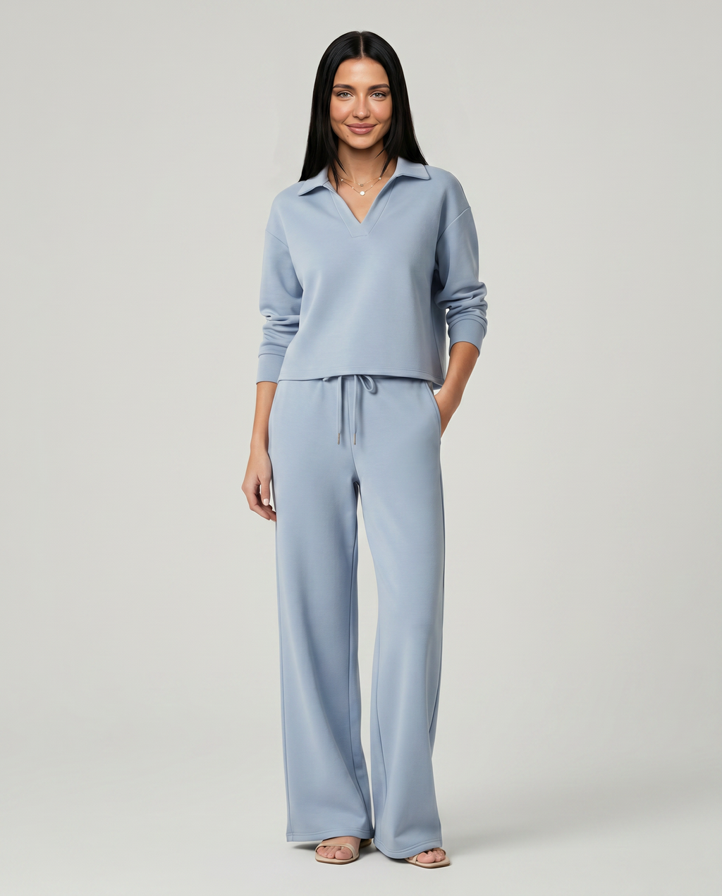 collared top and wide-leg drawstring trouser set, light blue - worn view