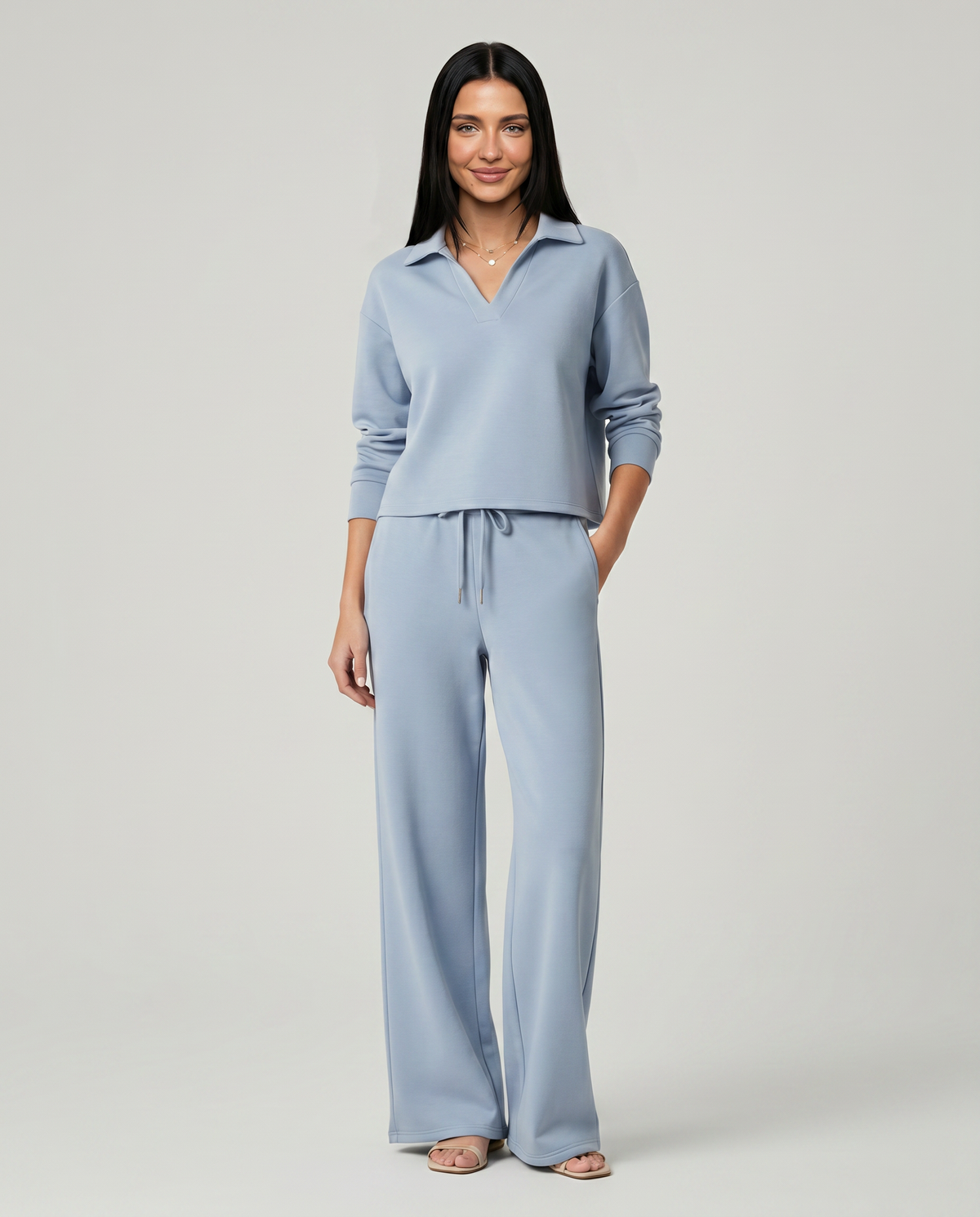 collared top and wide-leg drawstring trouser set, light blue - worn view