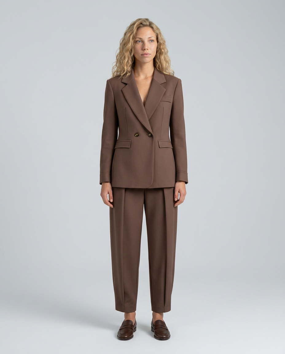 double-breasted blazer and pleated trouser set, brown - worn view