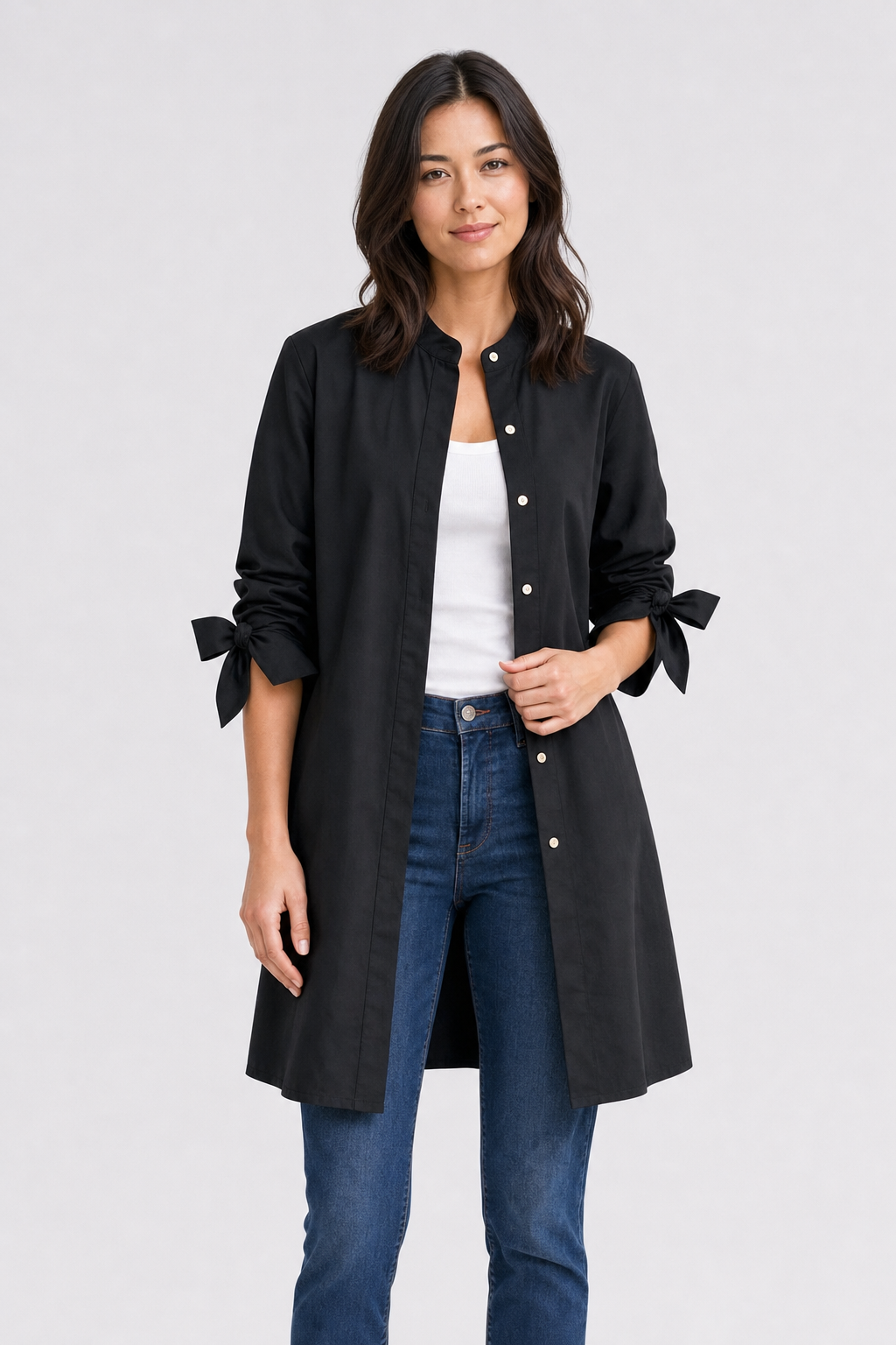 oversized longline shirt with bow cuffs, black - worn, full-length view