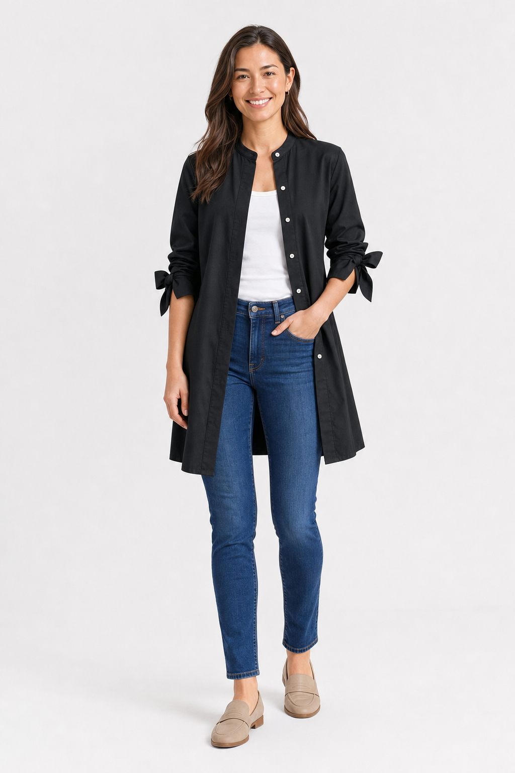 oversized longline shirt with bow cuffs, black - front view