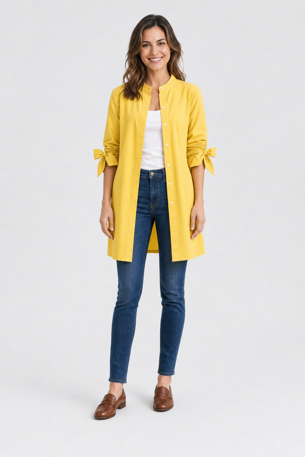 oversized longline shirt with bow cuffs, yellow - front view