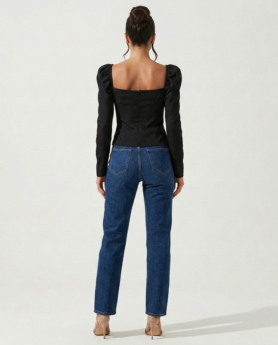 sweetheart neck puff sleeve top, black - worn view
