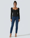 sweetheart neck puff sleeve top, black - worn view