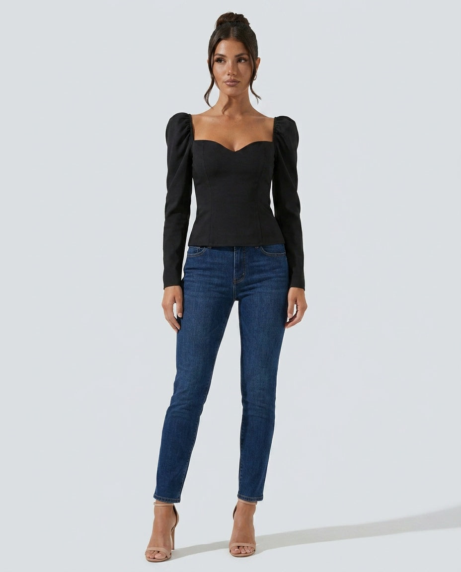 sweetheart neck puff sleeve top, black - worn view
