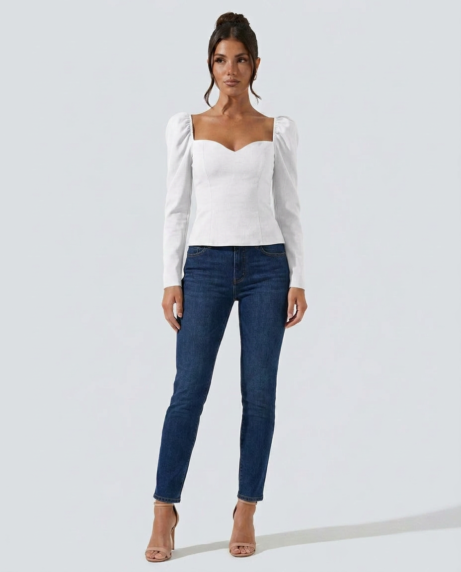 sweetheart neck puff sleeve top, white - worn view