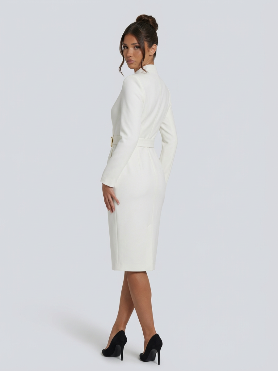 stand-collar belted midi dress, ivory - worn view