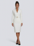 stand-collar belted midi dress, ivory - worn view