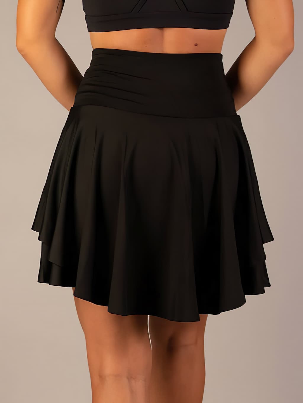 tiered mini skirt with built-in shorts, black - worn view