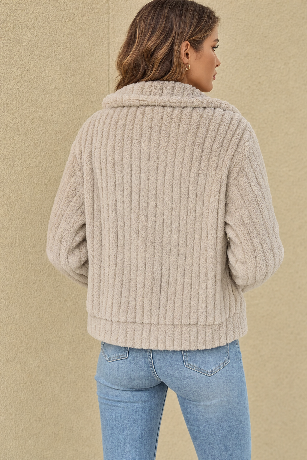 ribbed plush zip jacket, beige - worn, full-length view