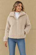 ribbed plush zip jacket, beige - front view