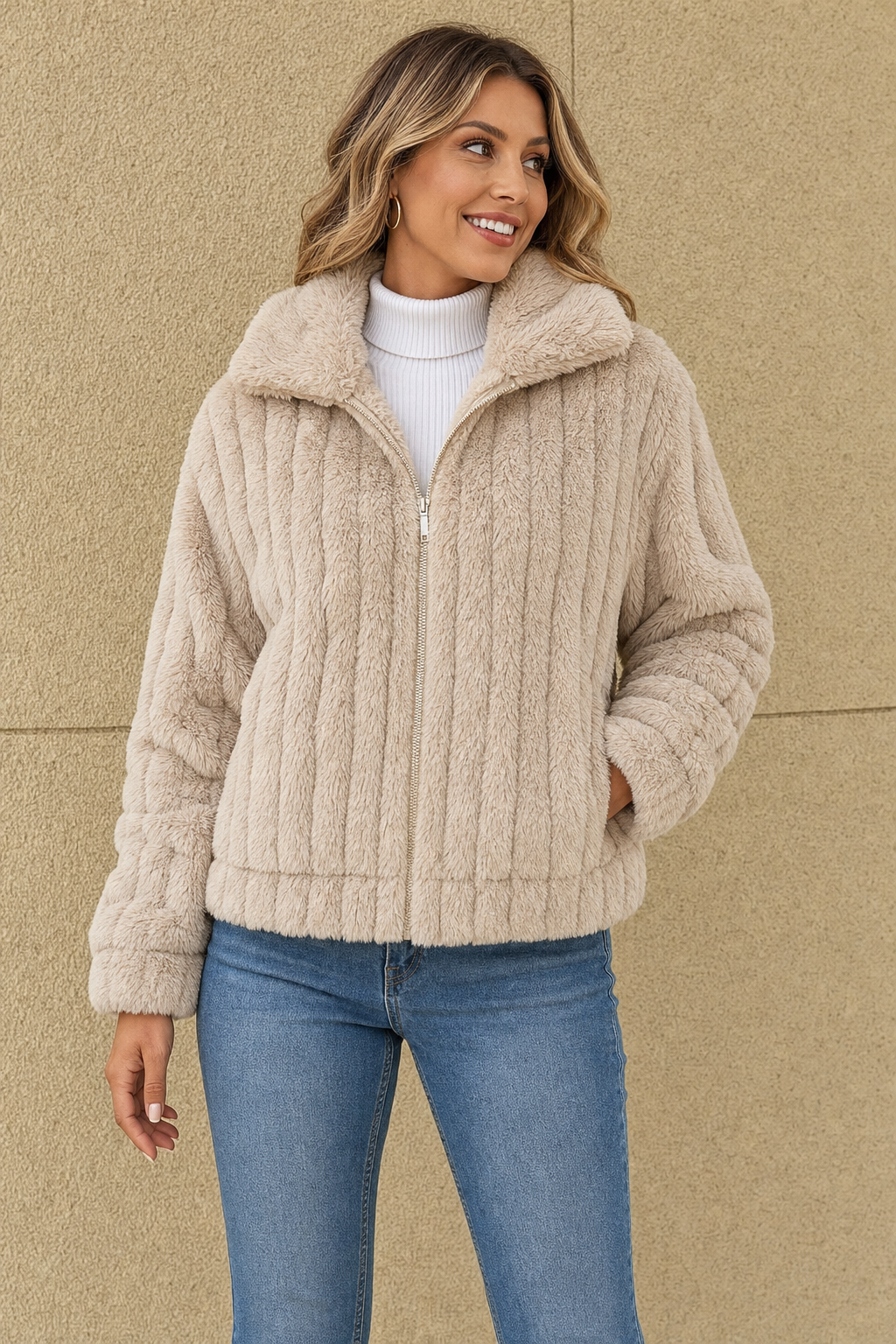 ribbed plush zip jacket, beige - front view