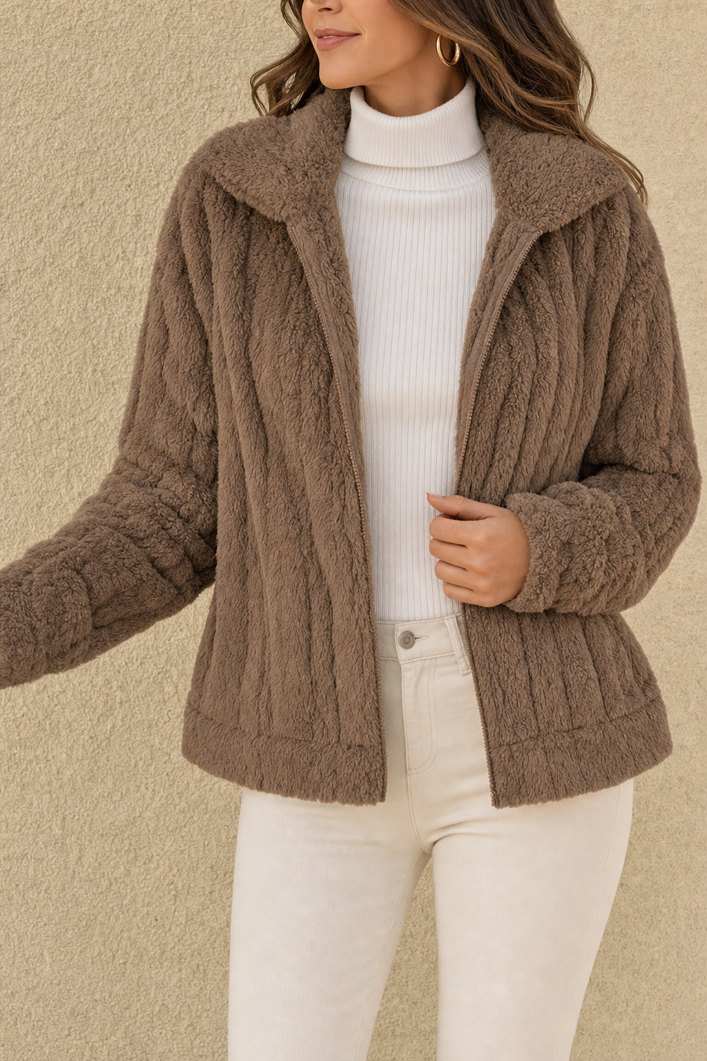 ribbed plush zip jacket, brown - front view