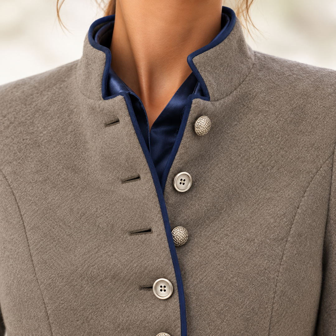 stand-collar blazer with navy piping, taupe - worn view