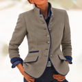 stand-collar blazer with navy piping, taupe - worn view