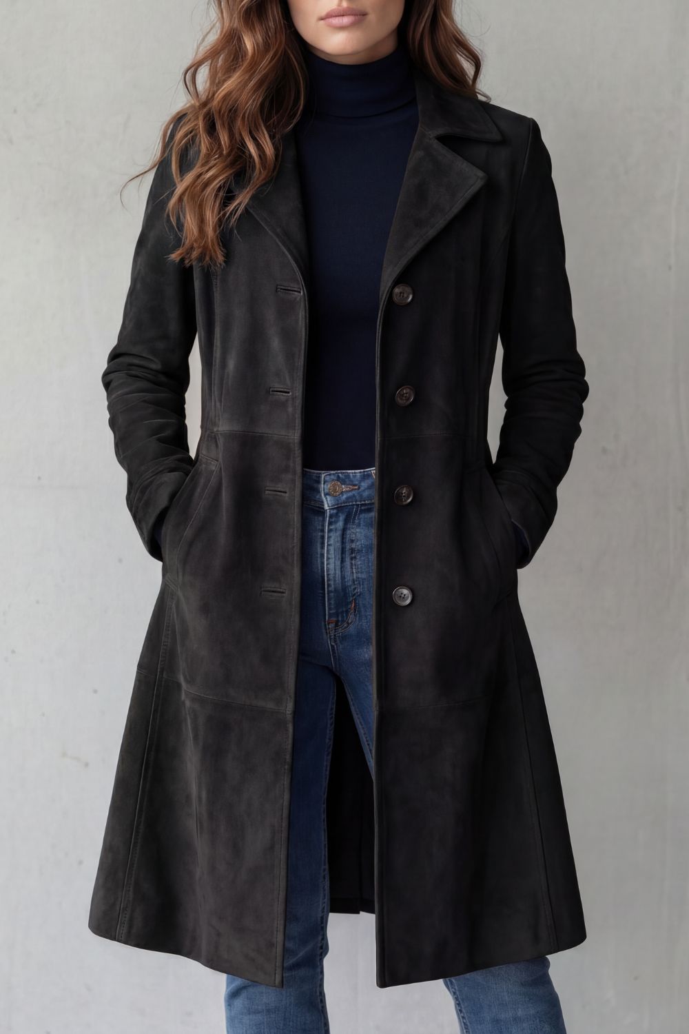 longline button-front coat, black - worn view