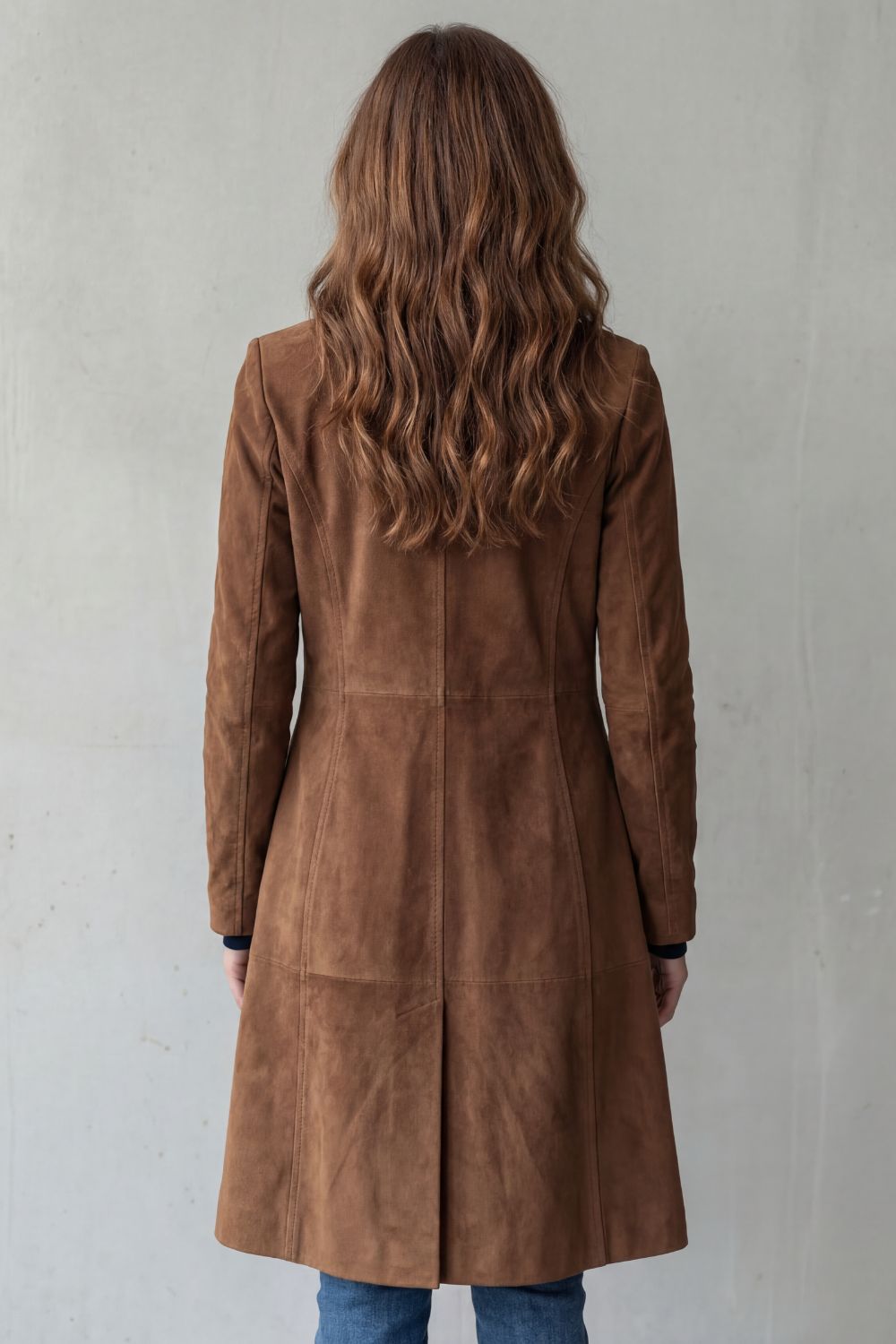 longline button-front coat, brown - worn view