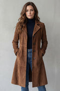 longline button-front coat, brown - worn view