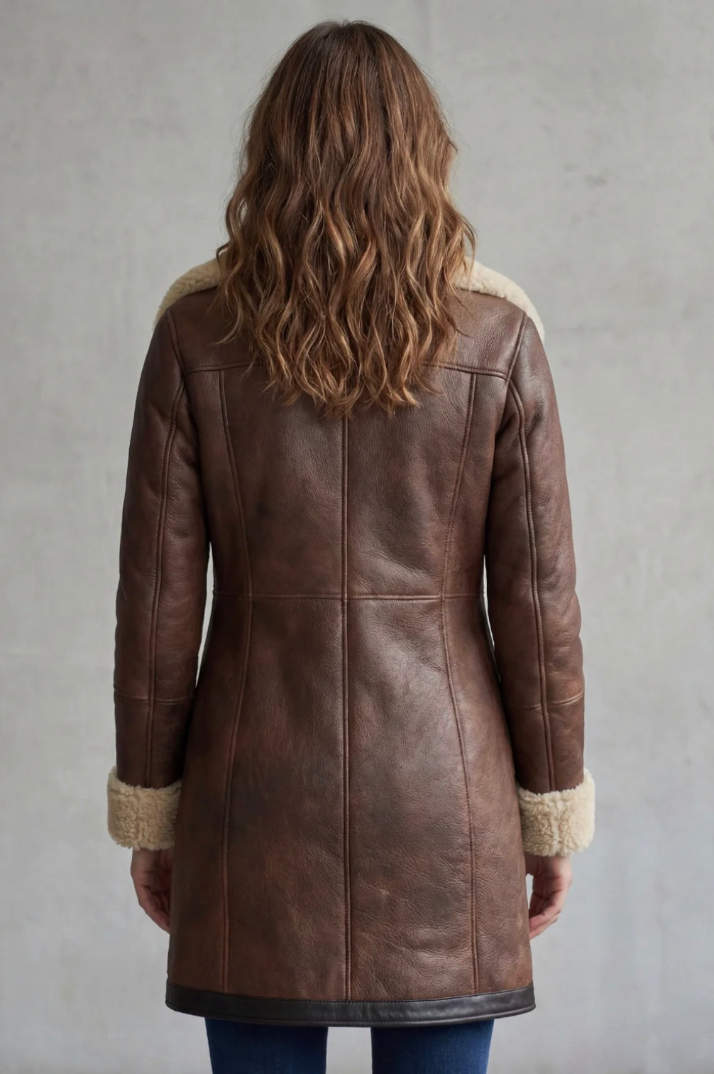 longline zip coat with cream collar, brown - worn view